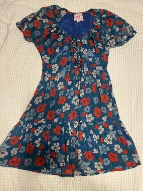 Banjanan Blue Floral Short-Sleeve Tunic with Red & White Flowers